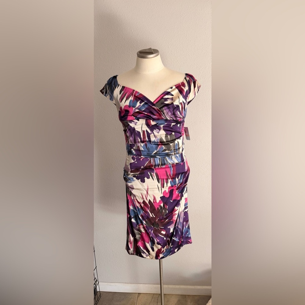 Suzi Chin for Maggy Boutique Floral Ruched Midi Dress - White/Purple/Pink 12